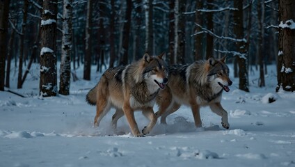 Wall Mural - Wolves running through a snow-covered forest at dusk.