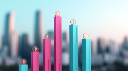 Wall Mural - colorful cryptocurrency growth chart with bitcoin symbols and city background