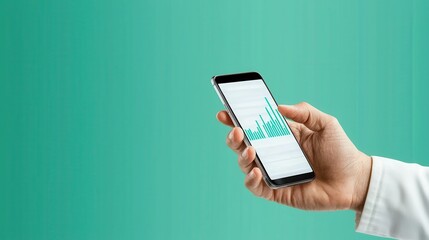 Wall Mural - person holding smartphone displaying graph indicators on green background