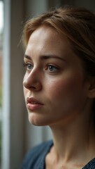 Wall Mural - Woman gazing out a window with a sad expression.