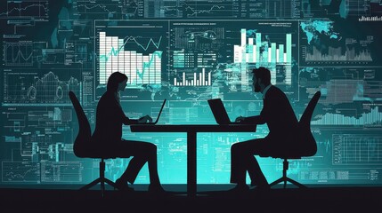Wall Mural - business professionals analyzing data in modern office with digital graphs and charts
