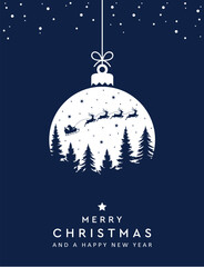 Wall Mural - christmas greeting card with hanging ball decoration and flying santa vector illustration