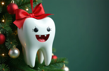 Wall Mural - Figurines of a smiling tooth with eyes and a bow for Christmas and New Year 2023 at the Christmas tree. New Year's Eve at the dental clinic. A festive medical concept.