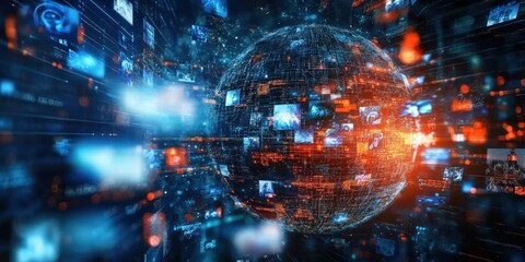 Photos surround a digital sphere, showcasing network engagement.
