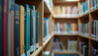 © dapra01 - A blurred perspective shot of a colorful library bookshelf, with rows of books arranged neatly in varying heights and vibrant covers