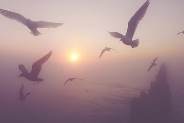 Wall Mural - Seagulls in flight at sunset over a calm ocean