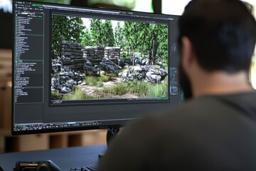 game developer working on a stone ruin environment