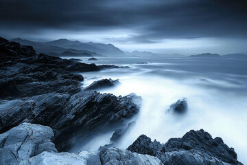 Wall Mural - Rocky shoreline with waves and dark clouds at dusk