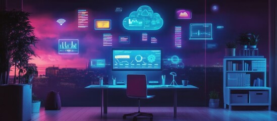 Wall Mural - Futuristic office with holographic displays showing data, cloud computing, and network connectivity.