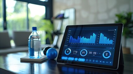 Fitness tracker app on tablet, water bottle, and exercise ball.