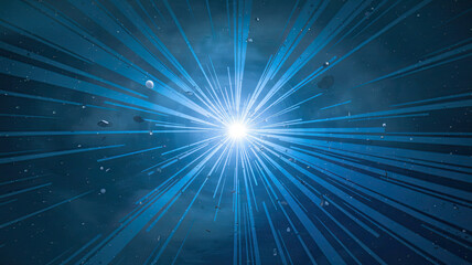 Wall Mural - mesmerizing cosmic scene with radiant light source emitting blue beams, high-speed movement, deep bl