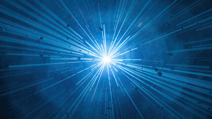 Wall Mural - mesmerizing cosmic scene with radiant light source emitting blue beams, high-speed movement, deep bl