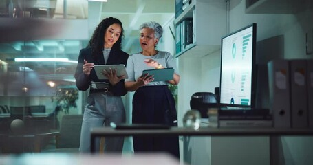 Wall Mural - Manager, tablet and business women in meeting at night for research, online project and proposal. Corporate, office and boss with worker on digital tech for planning, collaboration and discussion