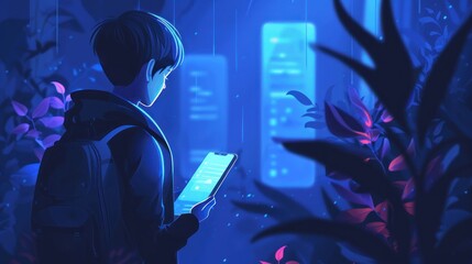 Person using phone in a dark, glowing, surreal forest.
