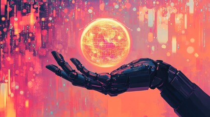 Wall Mural - Robotic hand holding glowing orb in futuristic, vibrant setting.