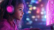 © Naree - A focused child wearing pink headphones gazes intently at a colorful computer screen in a vibrant, illuminated environment.