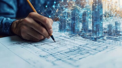 Architectural design process with hand drawing plans and digital city background