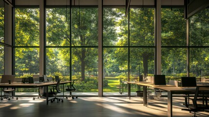 Poster - Sunlit modern office with large windows overlooking a lush green park.