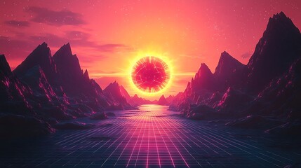 Wall Mural - Retro futuristic landscape with a virus-like sun setting between mountains and a grid road.