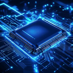 Wall Mural - advanced microchip glowing on futuristic intricate circuit board image