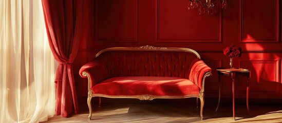 Cozy red vintage room interior with elegant furnishings perfect for retro photography or design inspiration