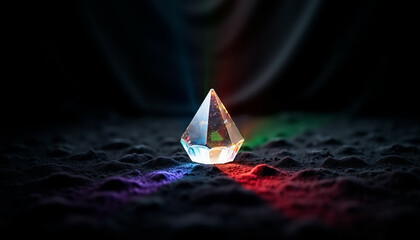 Wall Mural - A luminous crystal pyramid rests on dark sand  casting vibrant colored light.