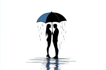 Poster - A simple design of a couple standing under a single umbrella, drawn in monochrome, with light rain droplets