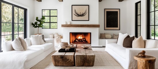 Wall Mural - Cozy living room featuring a white sofa and a warm fireplace ideal rustic home design for a modern cottage aesthetic Scandinavian elegance boho charm