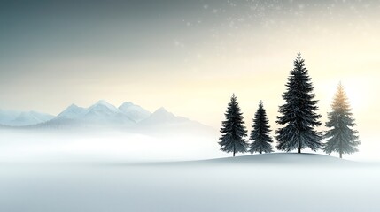 Wall Mural - Tranquil winter forest with snow-covered hills and falling snowflakes, evoking a serene, peaceful atmosphere under the bright, clear winter sky. Ultra-Realistic, Photo Realistic, highly detailed, 