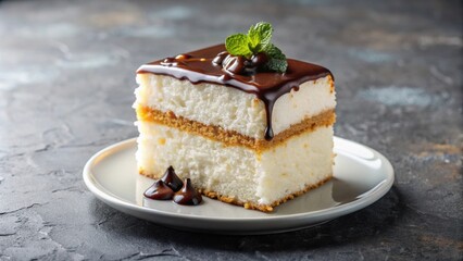 Wall Mural - Delicious slice of coconut cake with chocolate sauce isolated on a background , dessert, sweet, pastry, indulgent