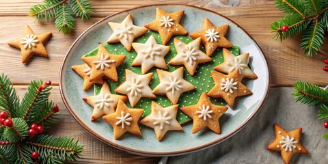 Wall Mural - Festive star-shaped cookies arranged neatly on a holiday plate, Christmas, treats, dessert, baking, homemade