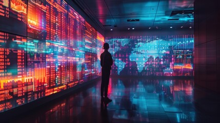 a person stands in a high-tech room, illuminated by vibrant digital screens displaying data, graphs,