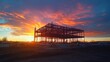© Arifin Studio - Steel building frame under construction at sunset. Workers and machinery visible. Vibrant sky.