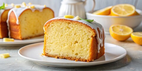 Wall Mural - Delicious lemon pound cake slice with a bite missing, lemon cake, slice, dessert, sweet, yellow, bakery, snack