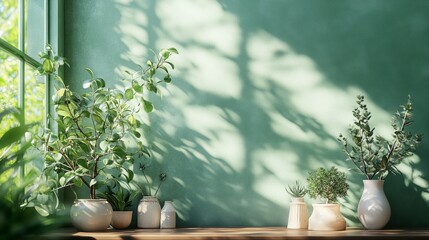 Wall Mural - Sunlit green wall with potted plants on wooden shelf.