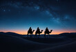 © Bryan - Three kings riding camels in a quiet desert landscape at night, silhouetted against a stunning sky filled with stars and a visible Milky Way.