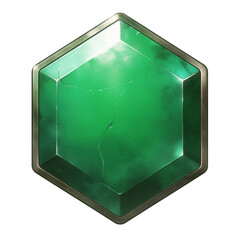 Aufkleber - shiny green hexagon badge with cracked surface, isolated on white background, exudes mystical aura. emerald like appearance adds touch of elegance and intrigue