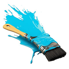 Poster - paintbrush with wooden handle is splattered with vibrant blue paint, creating dynamic and artistic effect. bristles are coated, and splash adds sense of motion and creativity