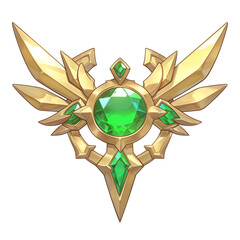 Poster - golden emblem with central green gemstone, featuring intricate wing like designs and geometric shapes, isolated on white background