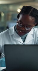 Aufkleber - Scientist, black woman or laptop with research for study, experiment or results at lab. African, female person or medical worker writing with computer for healthcare test, exam or science development