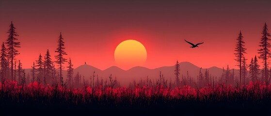 Wall Mural - A serene twilight scene featuring a vibrant sunset over a silhouette of pine trees and mountains, with a bird gracefully flying across the sky, creating a peaceful atmosphere.