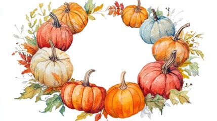 Aufkleber - Watercolor pumpkins and autumn leaves arranged in a circular wreath frame.