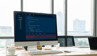 Software development programming on computer screen for modish application and program coding