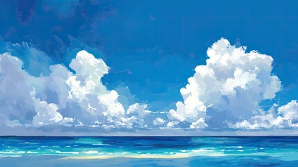 Wall Mural - ocean and sky blending at the horizon, under a bright blue sky dotted with light clouds