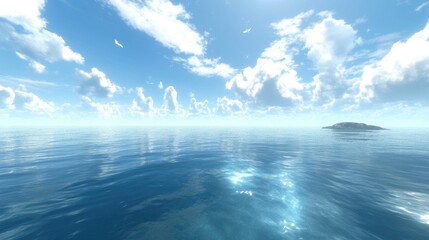 Wall Mural - peaceful ocean with a vast blue sky above, clear clouds reflecting on the still water