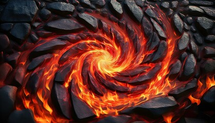 Blazing red flame with blue glowing light in a spiral formation with black rocks or stones; centripetal red and blue flame in a spiral shape with black stones; a fantasy of fire and ice concept art