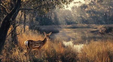 Sticker - A deer standing in the tall grass near trees and water, with sunlight filtering through the leaves to create a warm glow on its fur