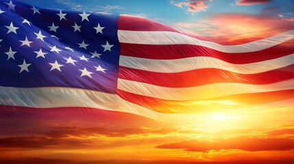 Wall Mural - American flag waving majestically at sunset.