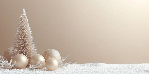 minimalistic christmas beige background with christmas tree and balls, with space for text, new year