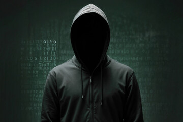 Hacker man is wearing a black hoodie and is standing in front of a black background with a lot of numbers. Concept of mystery and anonymity, as the man's face is hidden behind the hood